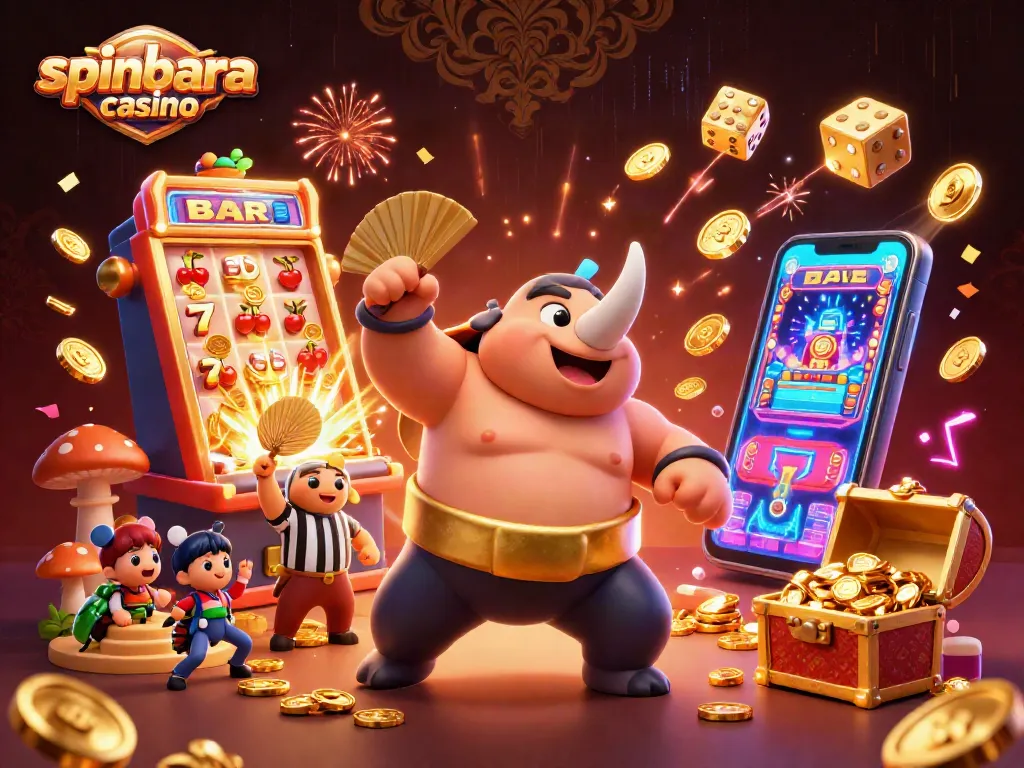Experience spinbara casino with a dynamic scene showcasing thrilling games, and colorful casino symbols bursting with excitement.