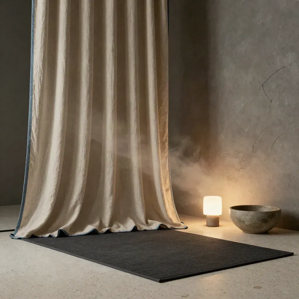 Cuarto de respiración con cortina de lino, esterilla oscura, lámpara baja y cuenco de piedra.