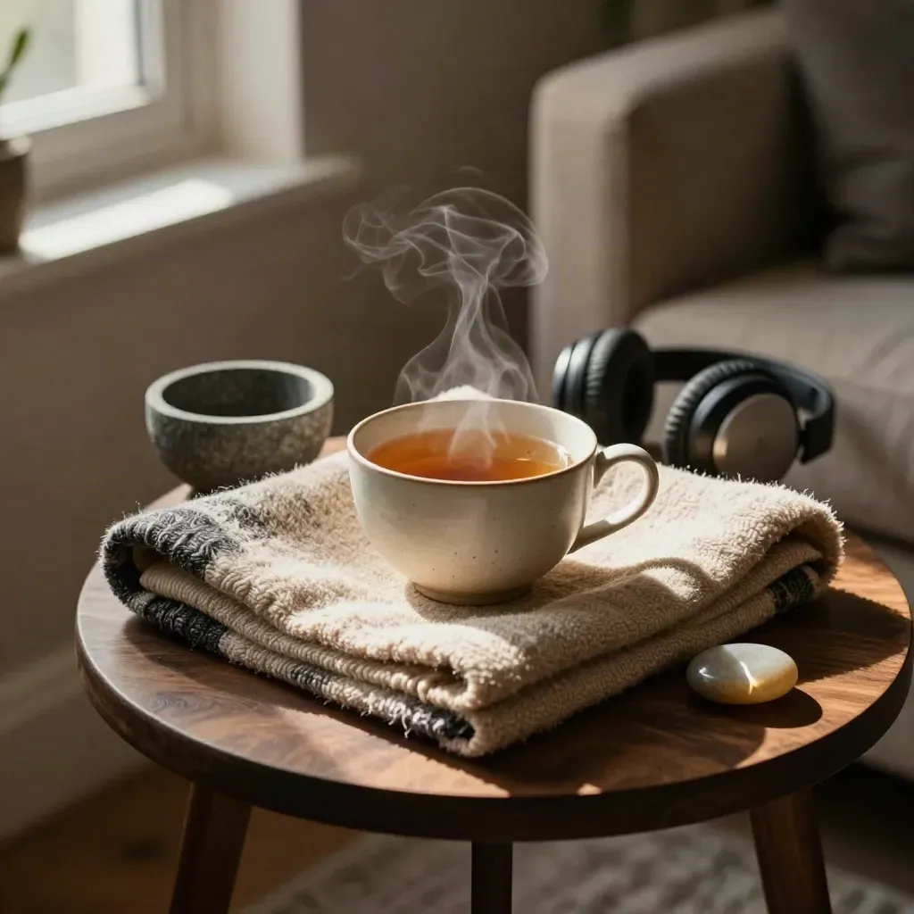 Kit de autocuidado en casa con té humeante, manta de lana, cuenco y auriculares desenfocados.
