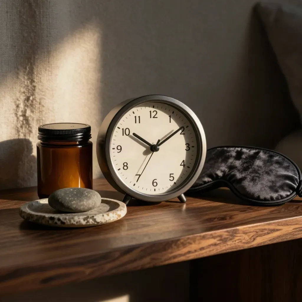 Reloj de mesa, frasco ámbar, antifaz de descanso y piedra sobre bandeja de piedra.