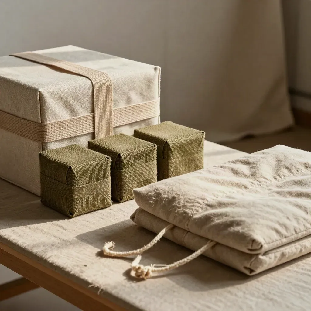 Caja de taller con bandas elásticas, bloques, cojín plegable y cordón sobre lino grueso.