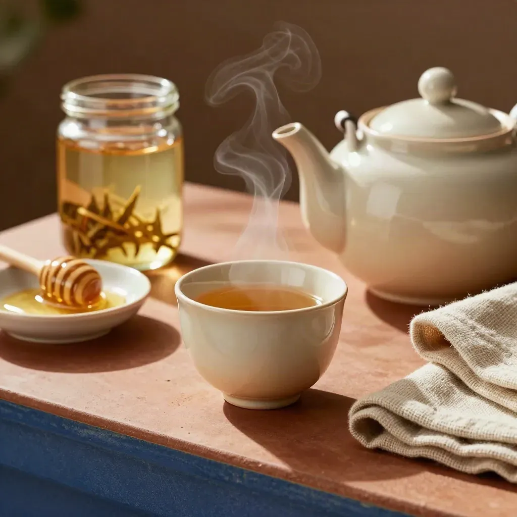 Jarro de infusión, tetera humeante, miel y paño de lino sobre encimera de barro.