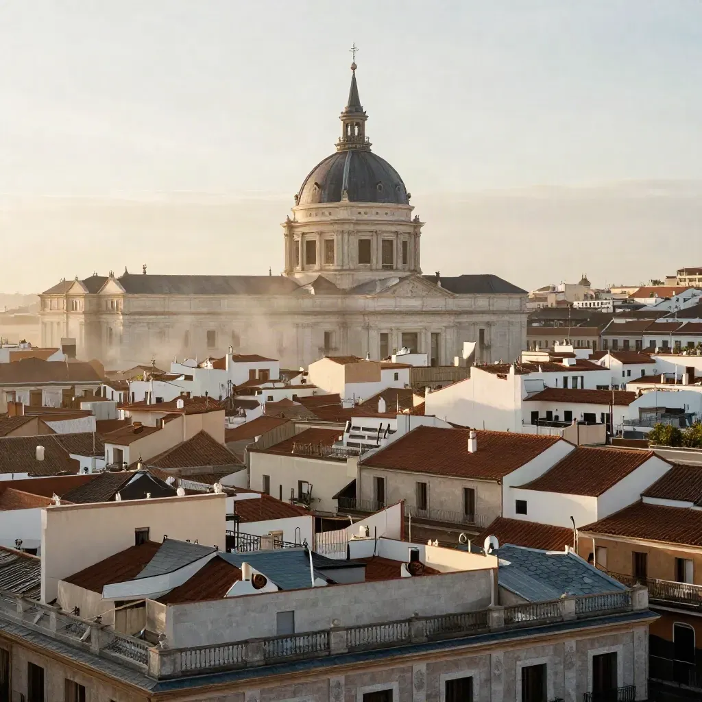 Madrid al amanecer con azoteas en capas, cúpula histórica alta y niebla suave.