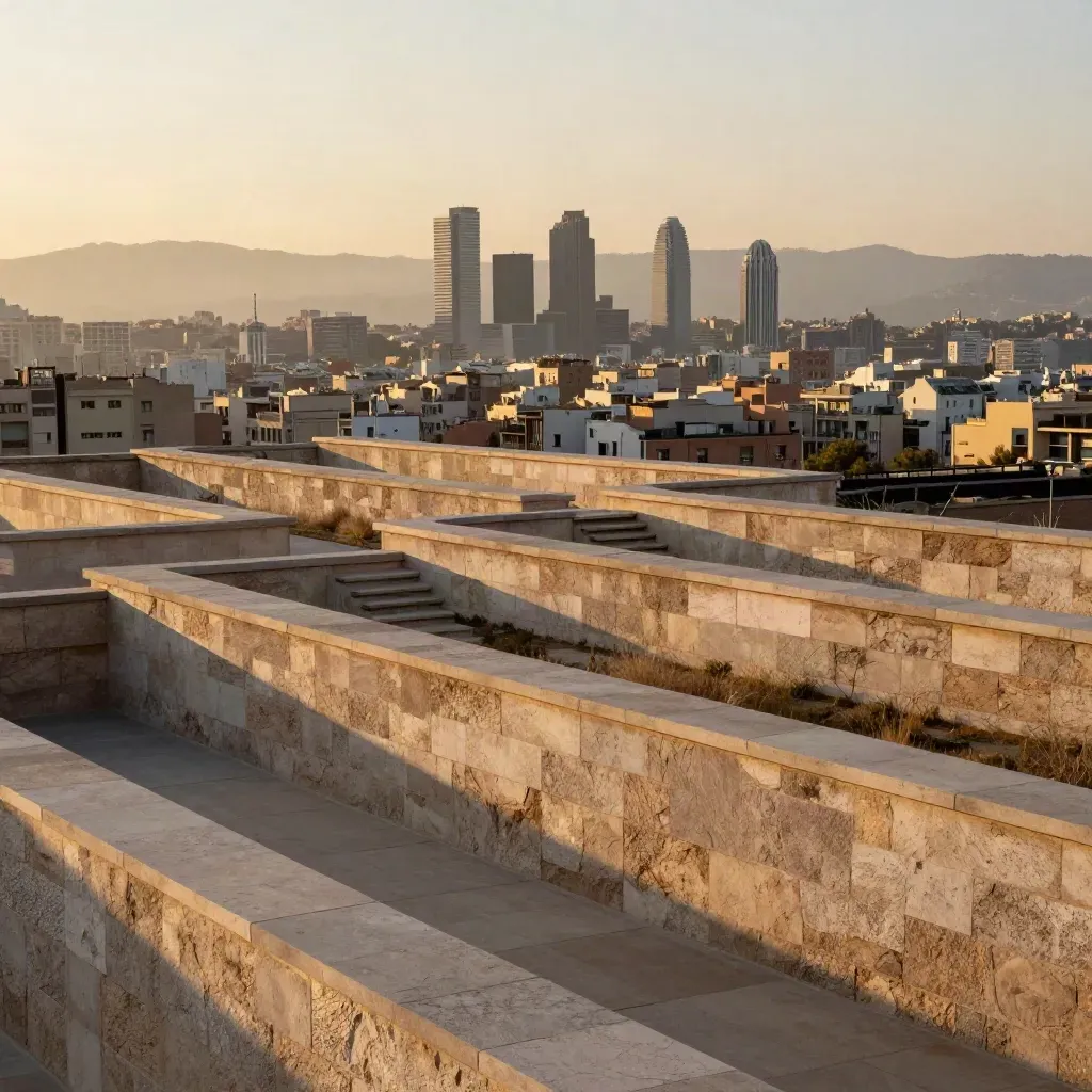 Barcelona y Cataluña al amanecer, vistas desde una cota alta con terrazas de piedra y bruma dorada.