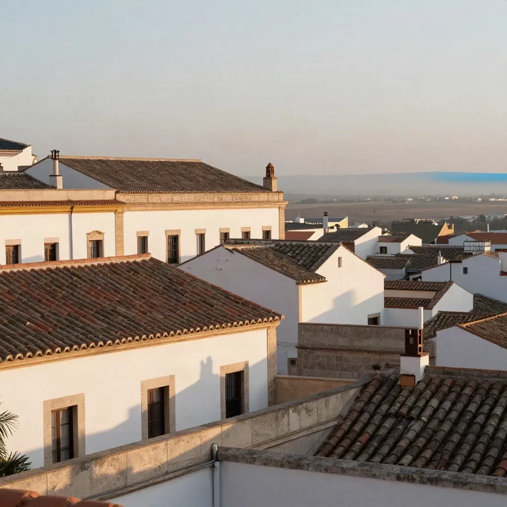 Azoteas claras y fachadas blancas de España al amanecer, con bruma y luz cálida.