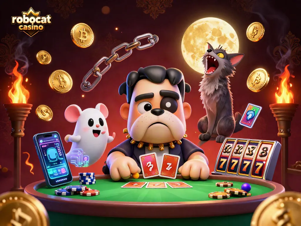 Experience the thrill of robocat casino with a vibrant 3D scene featuring unique characters and cryptocurrency elements.